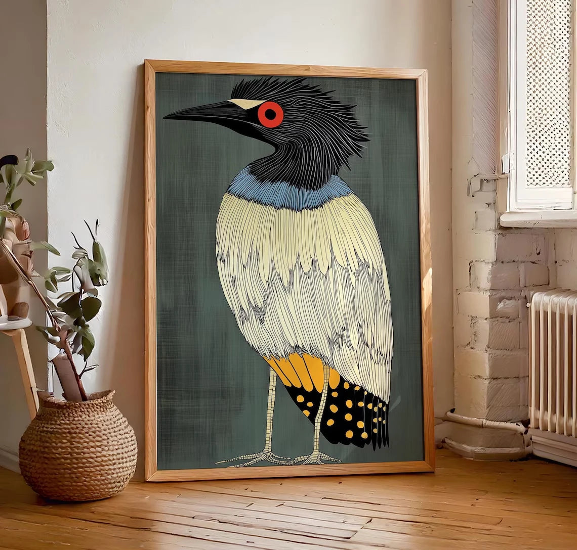 Retro Heron Wall Art Print – Abstract Bird Poster for Modern Home Decor
