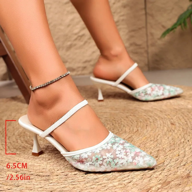 Floral Mesh Pointed Toe Heeled Mules – Women's Summer Sandals