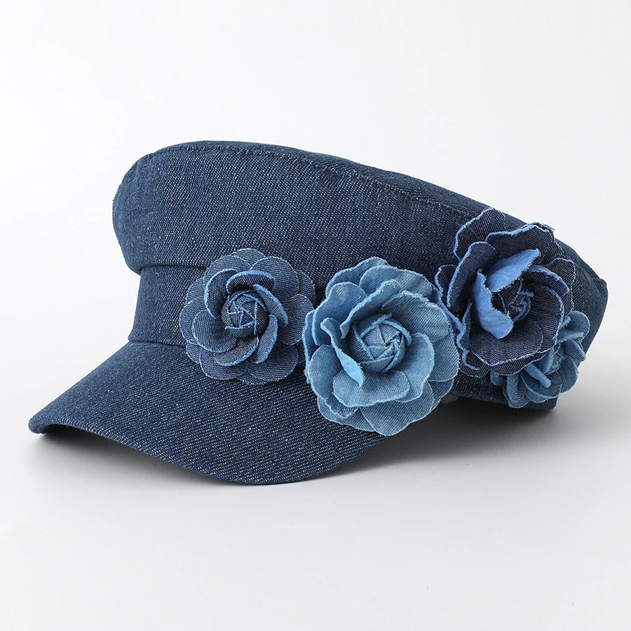 Women's Denim Military Cap with 3D Flower Detail