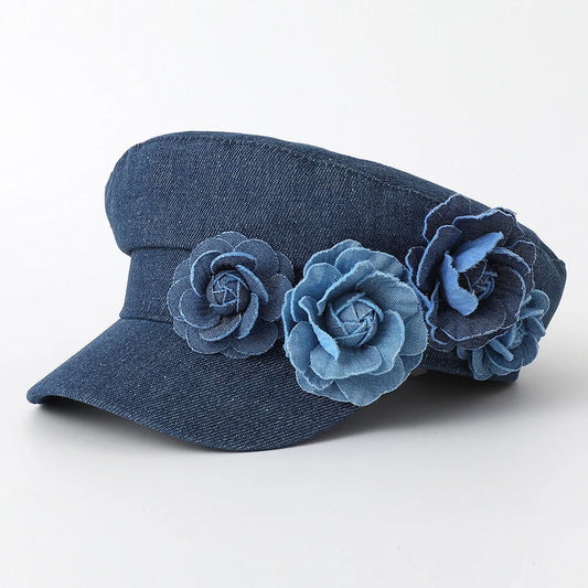 Women's Denim Military Cap with 3D Flower Detail