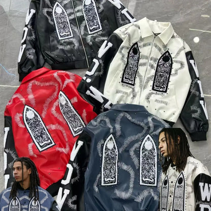 Embroidered PU Leather Bomber Jacket – Men's Hip Hop Streetwear Coat