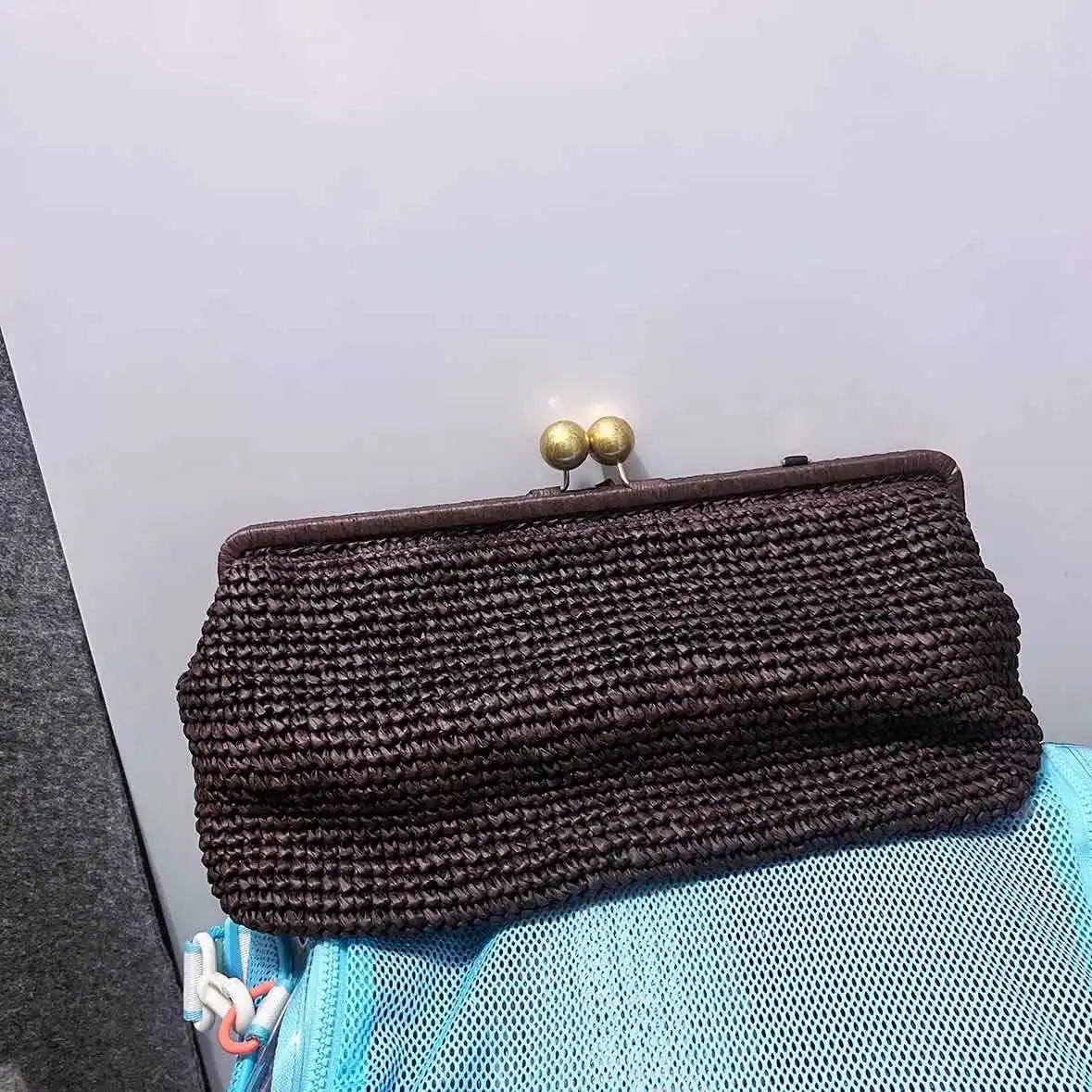 Woven Straw Clutch Bag – Gold Chain Shoulder Bag for Women