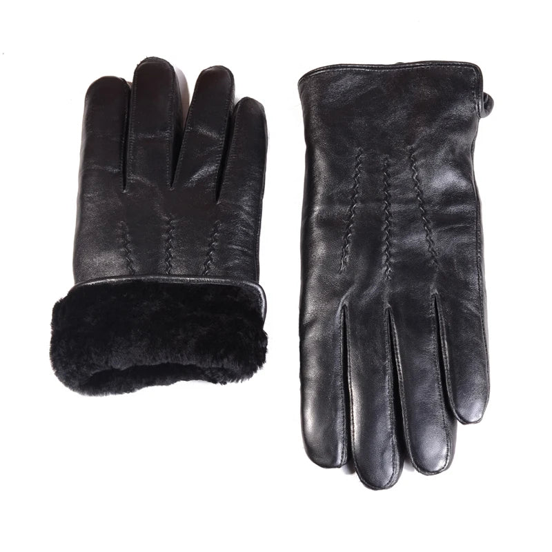 Men S Real Leather Shearing Fur Lining Classical Black Winter Warm Driving Sports Outdoor Skiing