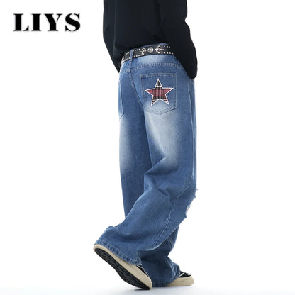 Men's Embroidered Ripped Baggy Wide Leg Jeans – Skate Style