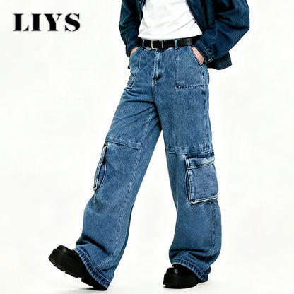 Men S Spring Blue Retro Washed Baggy Cargo Jeans Summer Male Multi Pocket Straight Tube Work Clothes