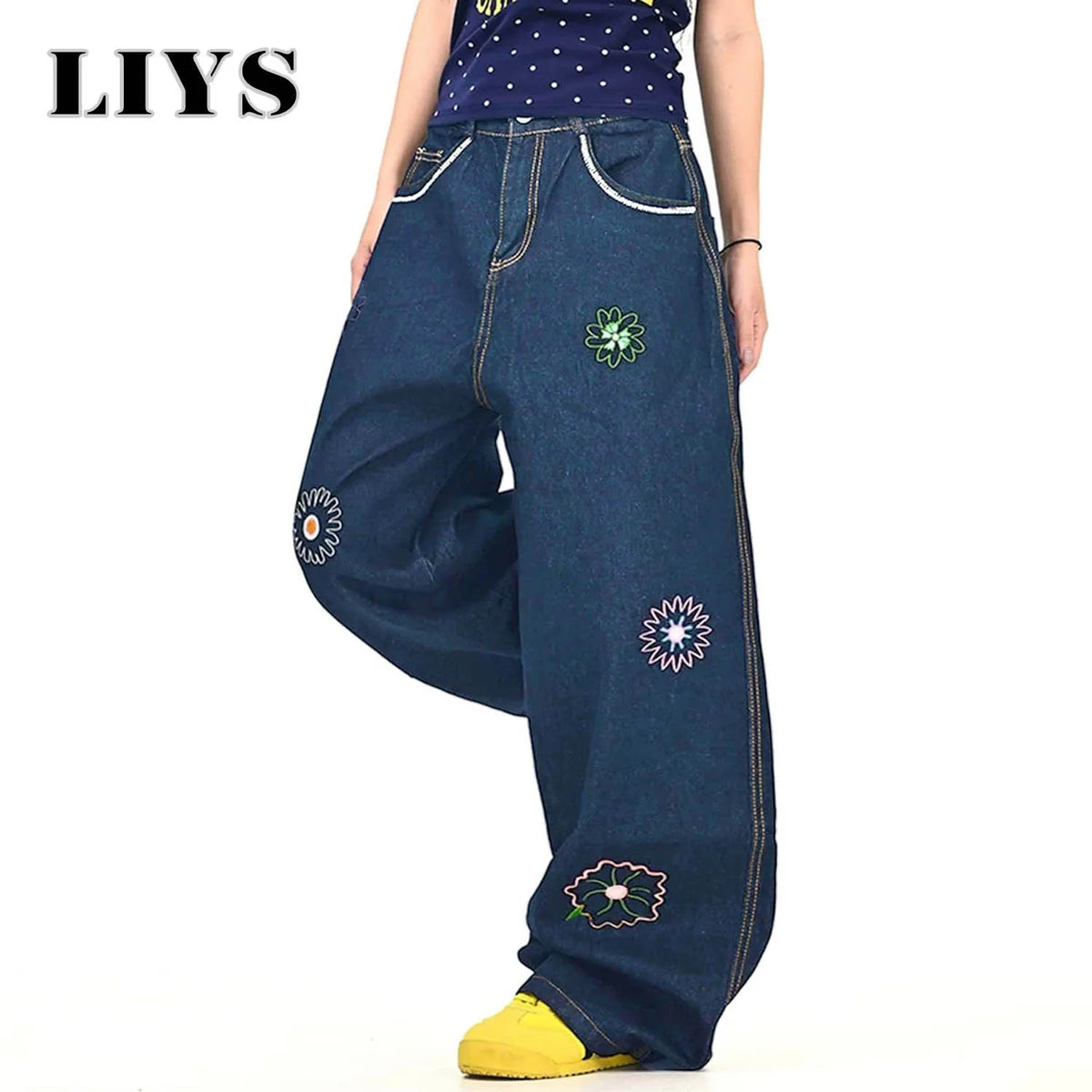 Y2K Flower Embroidered Baggy Wide Leg Jeans – Unisex Denim