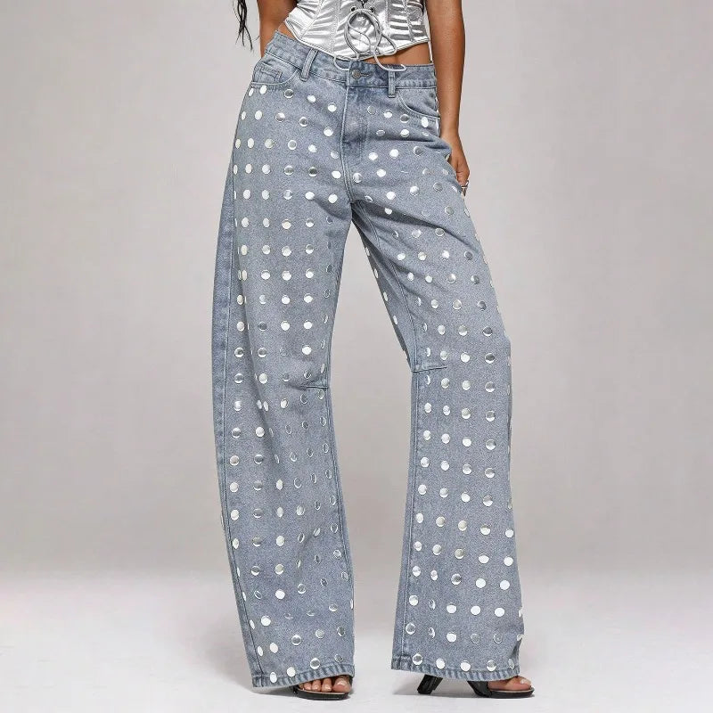Mirror Rivet Baggy Straight-Leg Jeans – Y2K Mid-Waist Women's Trousers