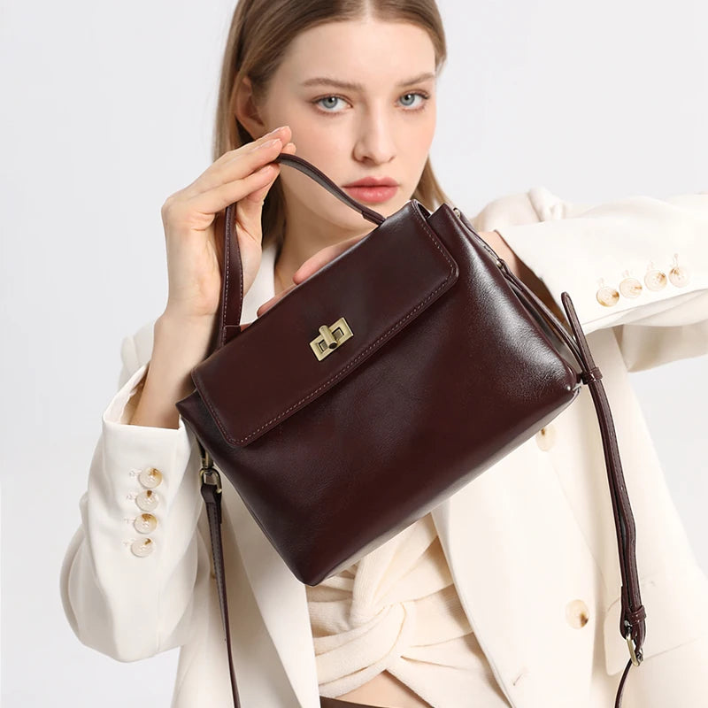Genuine Leather Top Handle Crossbody Bag for Women Vintage Oil Wax Leather