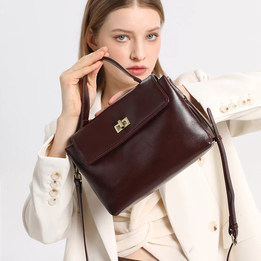 Genuine Leather Top Handle Crossbody Bag for Women Vintage Oil Wax Leather