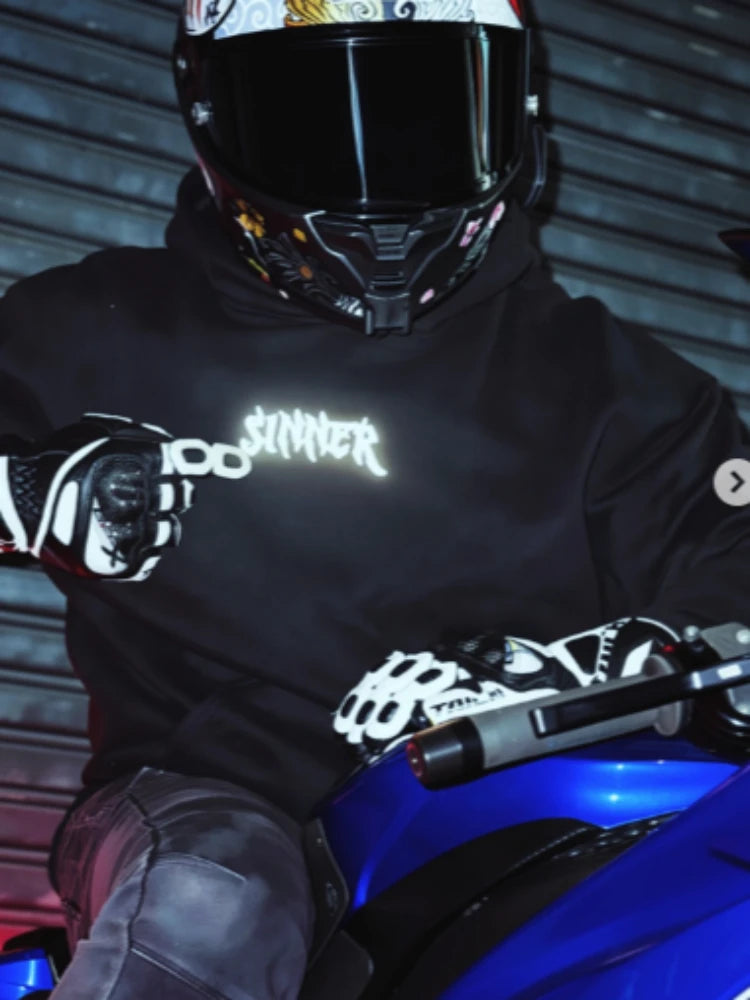 Mens Gothic Sinner Defy Moon Print Oversized Hoodie Black Streetwear Motorcycle Riding Casual