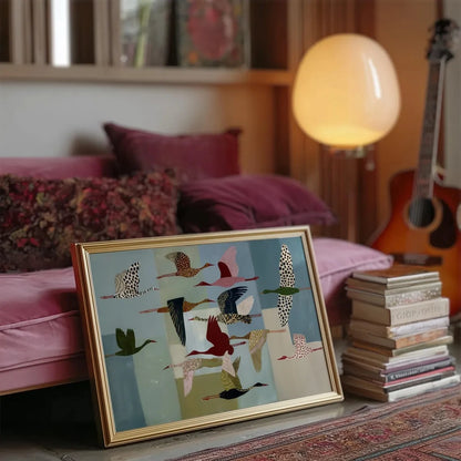 Colorful Flying Birds Wall Art Print Folk Crane Poster