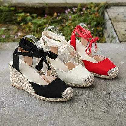 Women's Espadrille Wedge Sandals – Ankle Strap Lace-Up Canvas Shoes