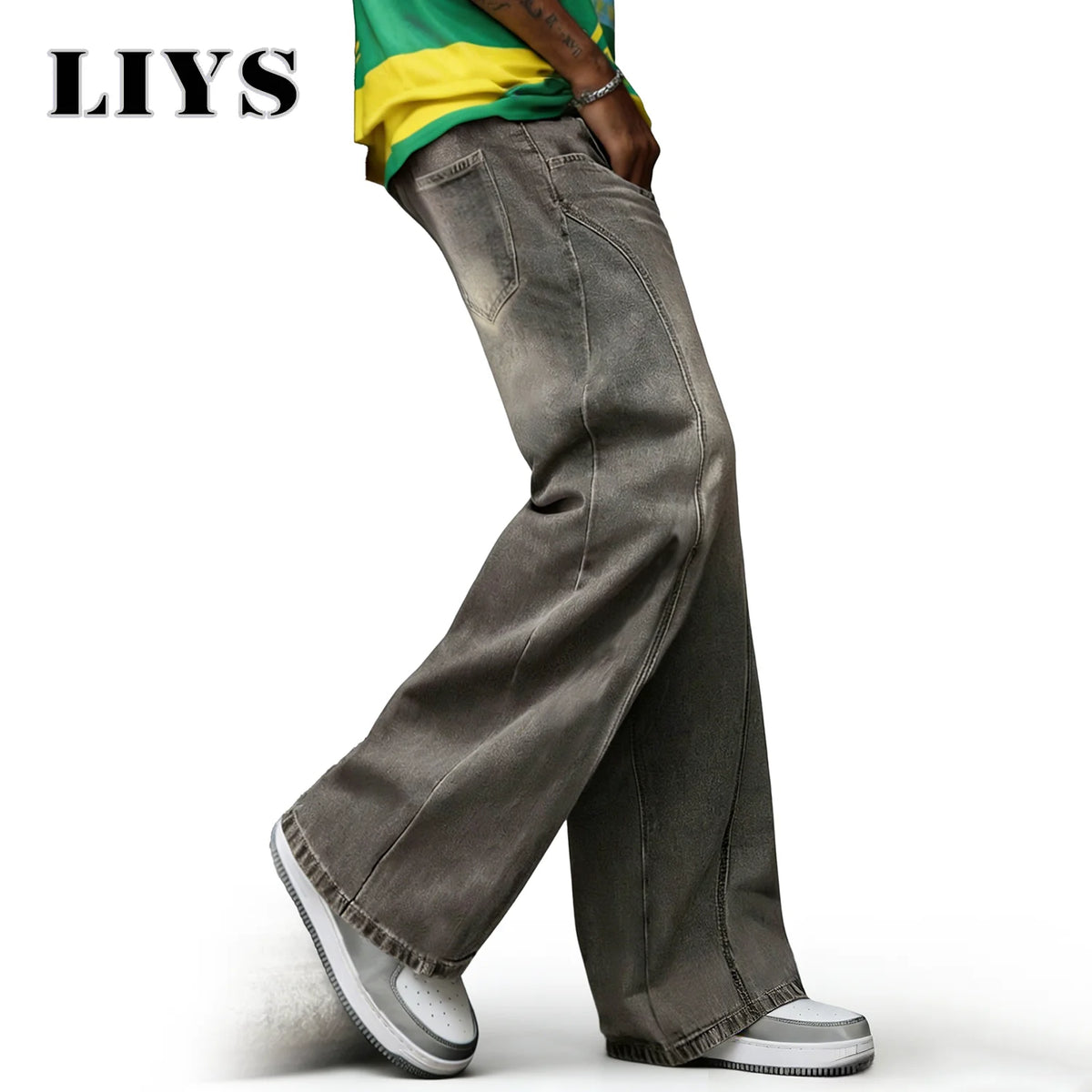 Men's Washed Baggy Wide Leg Jeans – Vintage Gray Spliced Denim