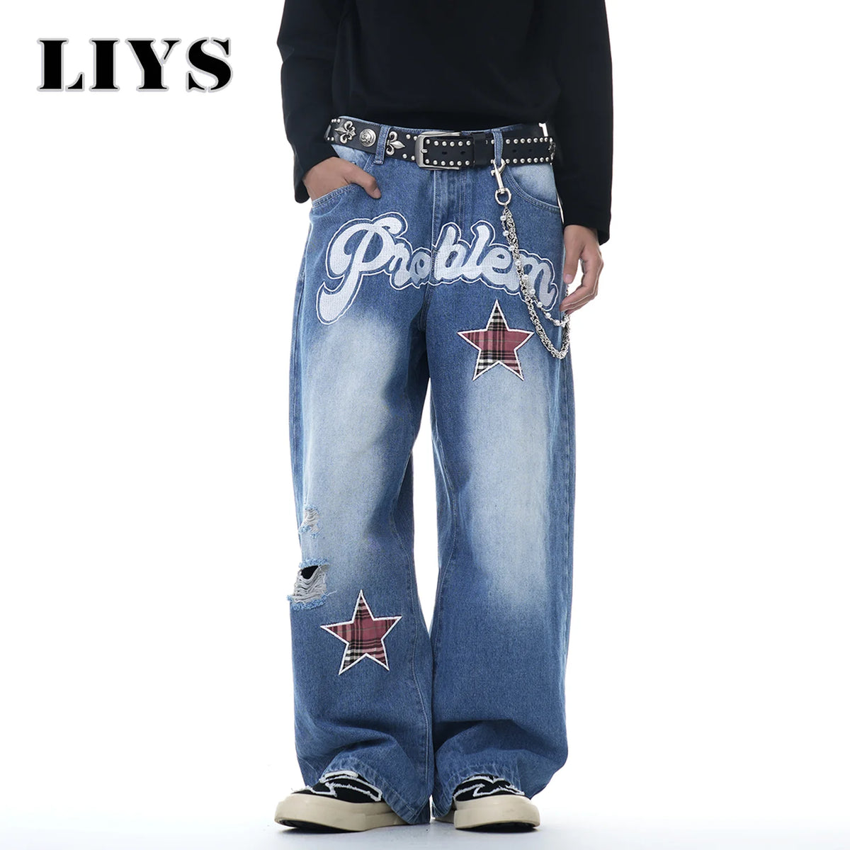 Men's Embroidered Ripped Baggy Wide Leg Jeans – Skate Style