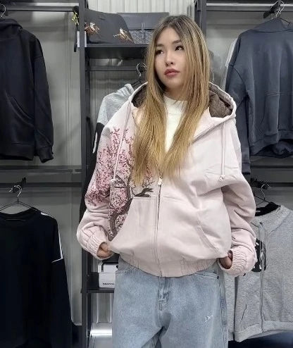 Harajuku Cherry Blossom Zipper Hoodie Jacket – Women's Street Style