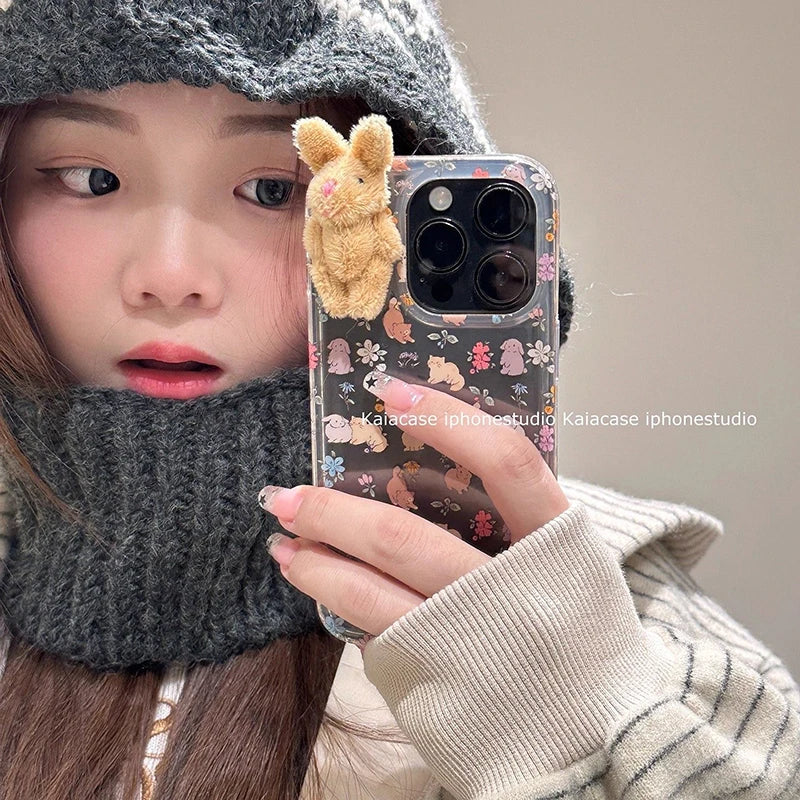Cute 3D Plush Rabbit iPhone Case – Transparent Floral Cartoon Cover