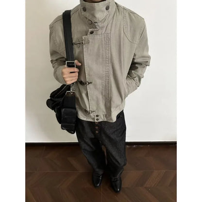 Retro Workwear Jacket – Unisex Short Coat with Metal Clasp Detail