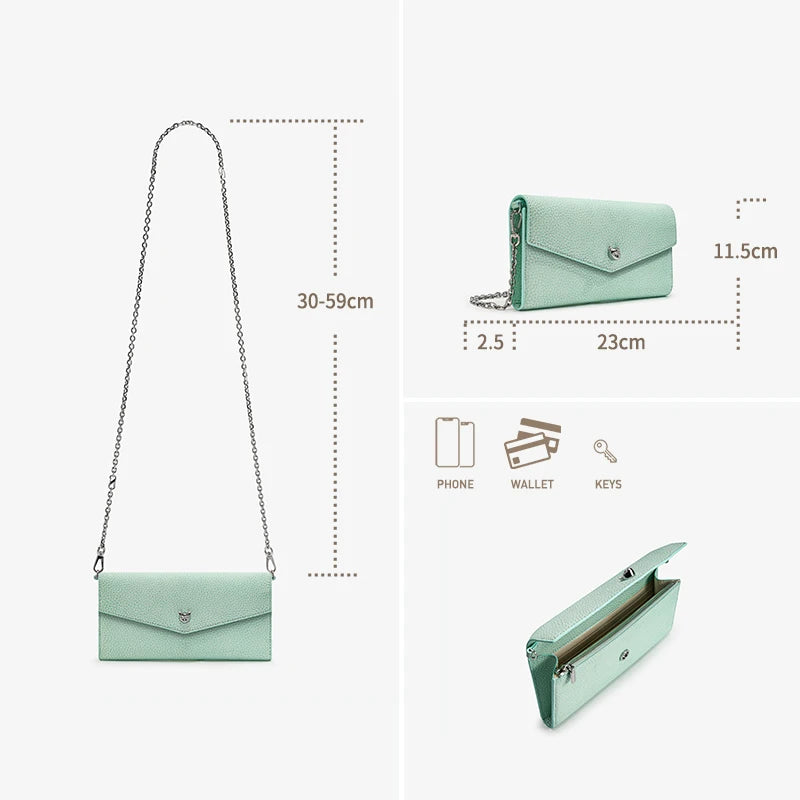 Leather Chain Wallet Bag – Long Envelope Clutch with Cat Clasp