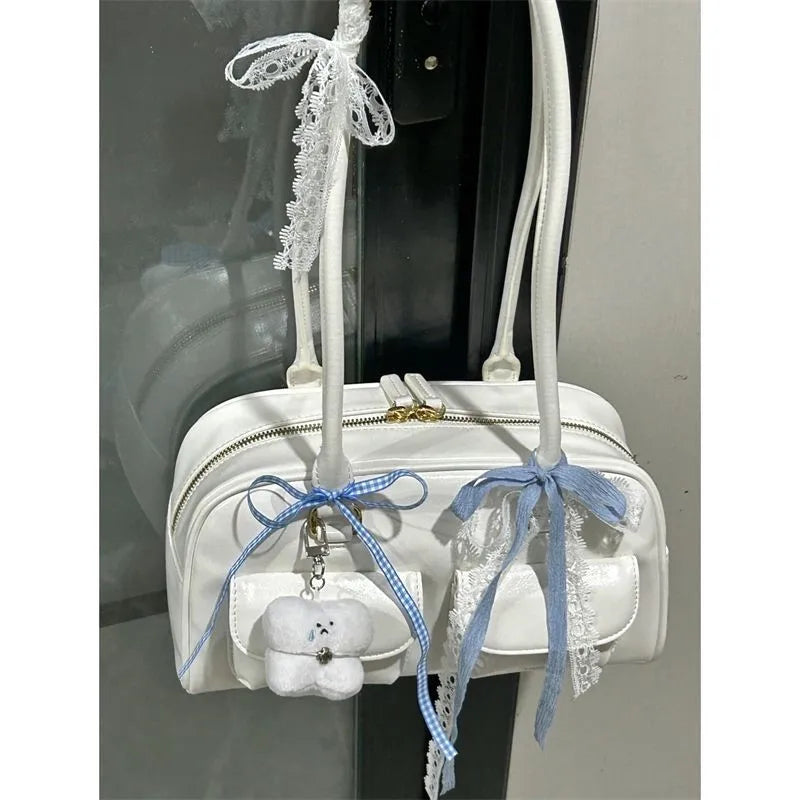 Retro White Bowling Bag Purse Women Hot Girls Leather Pocket
