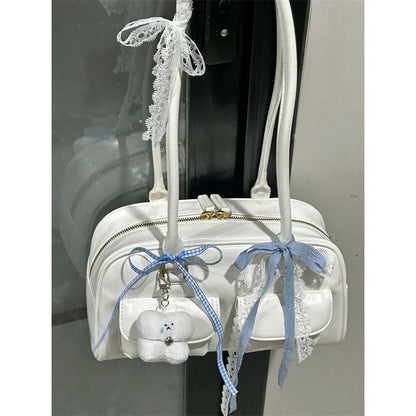 Retro White Bowling Bag Purse Women Hot Girls Leather Pocket