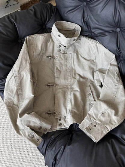 Mens Jacket Harajuku American Vintage Streetwear Buckle Short Workwear Coat Stand Collar Loose Fit
