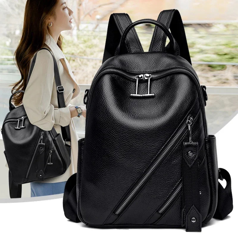 Genuine Leather Women's Backpack – Luxury Cowhide Casual Bag