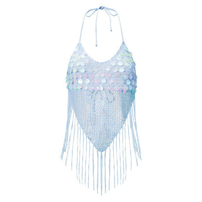 Sequin Fringe Halter Crop Top – Boho Knit Tassel