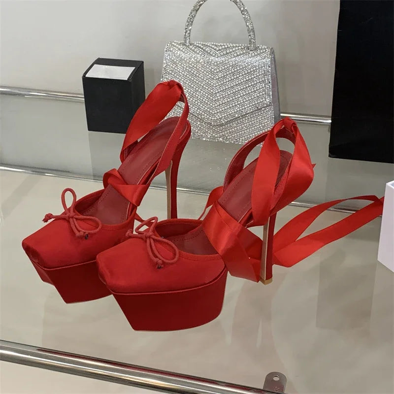 Eilyken Platform Stiletto Sandals – Square Toe Lace-Up Ankle Heels