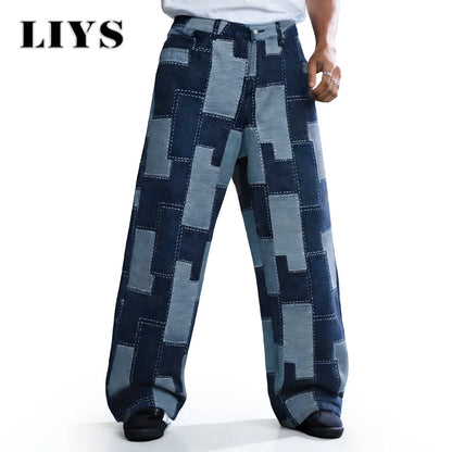 Pixel Pattern Wide Leg Baggy Jeans – Men's Street Denim Pants