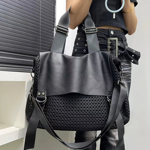 Retro Mesh Spliced Large Capacity Tote Bag
