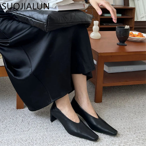 Women's Square Toe Pumps – Low Heel Slip-On Dress Shoes