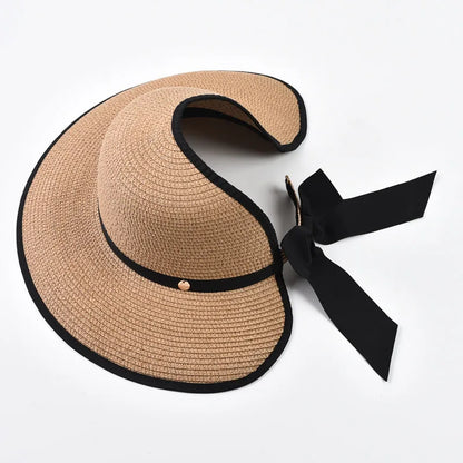 Wide Brim Straw Sun Hat with Black Ribbon Bow