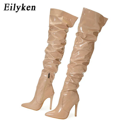 Over-the-Knee Stiletto Boots – Patent Leather Pointed Toe Side Zipper