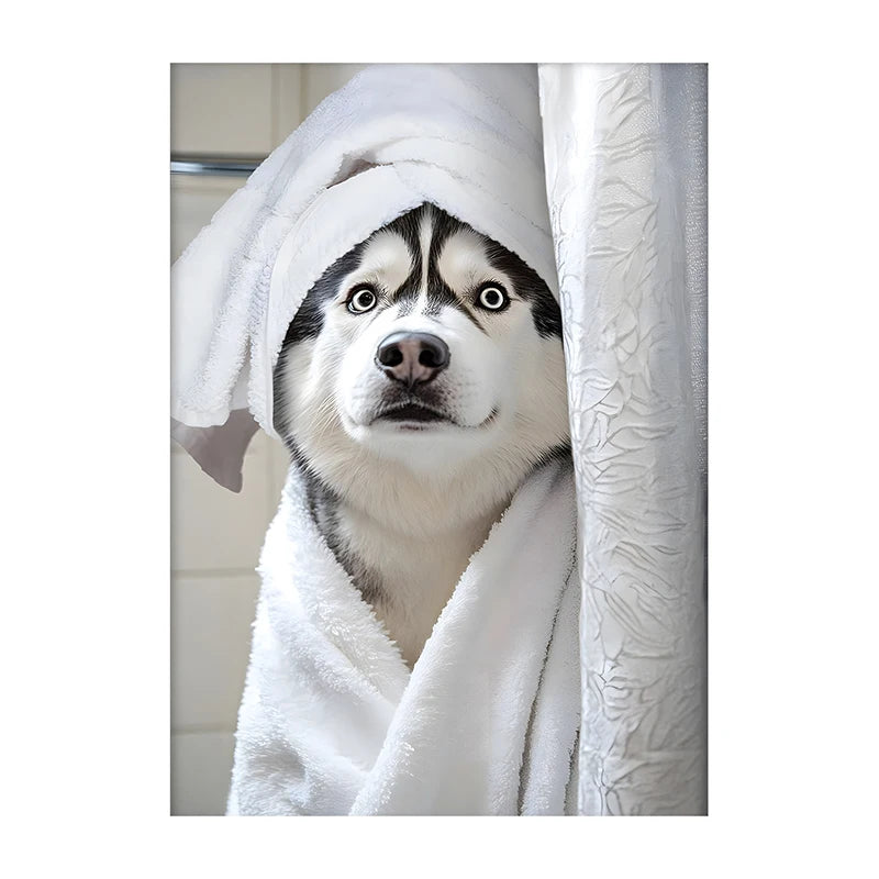 Funny Dog Bathroom Poster – Schnauzer in Bathrobe Wall Art Print