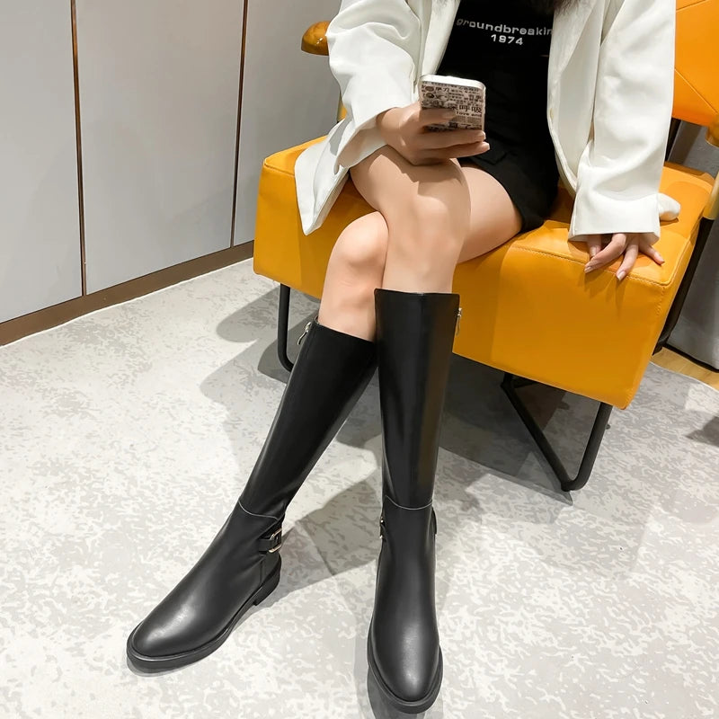 Women's Knee-High Riding Boots Black PU Leather