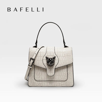 Leather Crossbody Bag – Croc-Embossed Top Handle with Cat Clasp