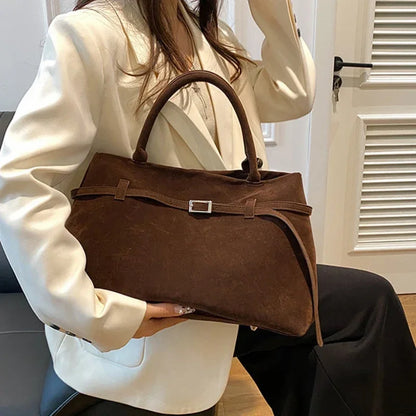 Buckle Decorative Design Solid Faux Suede Handbag
