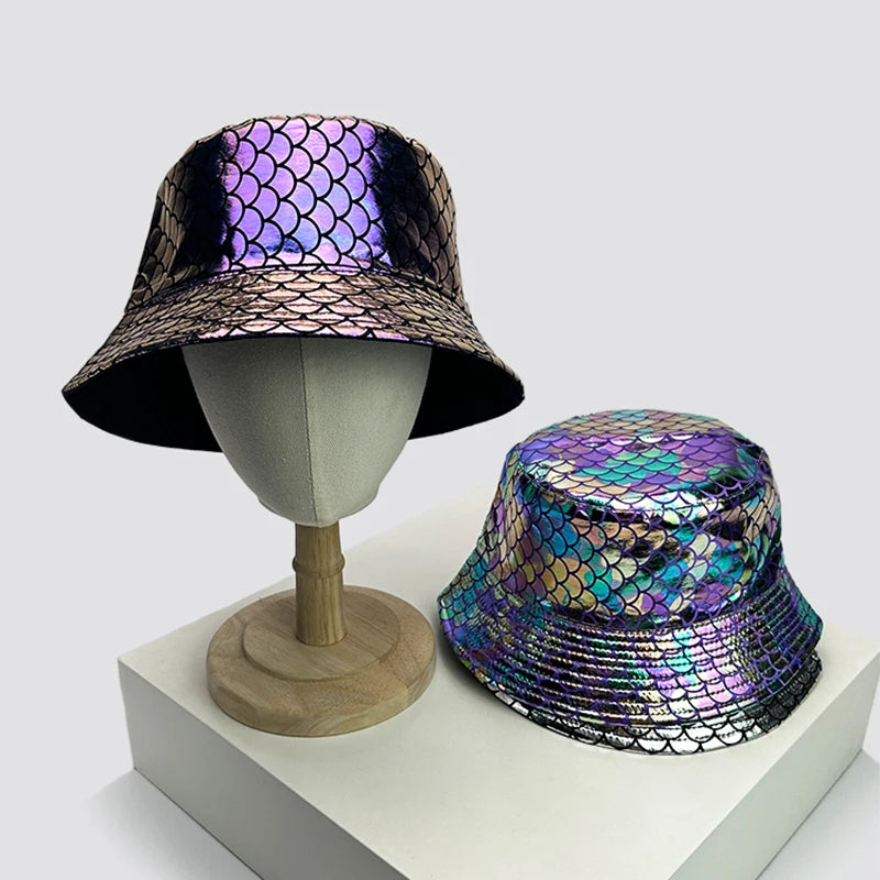 Holographic PU Leather Bucket Hat – Reflective Unisex Fisherman Cap