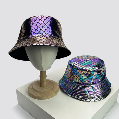 Holographic PU Leather Bucket Hat – Reflective Unisex Fisherman Cap