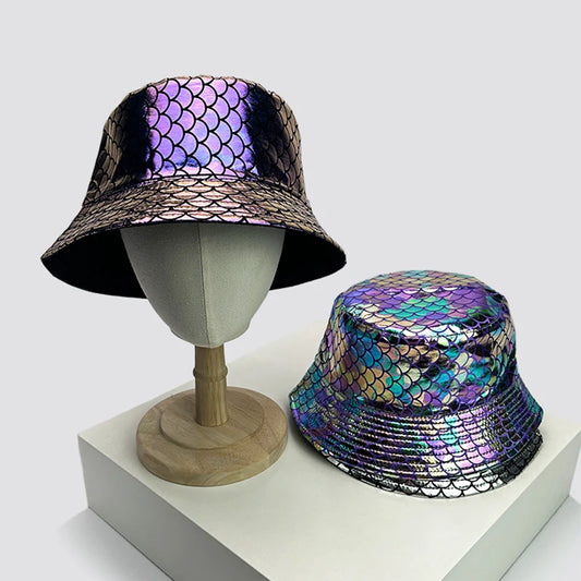 Holographic PU Leather Bucket Hat – Reflective Unisex Fisherman Cap