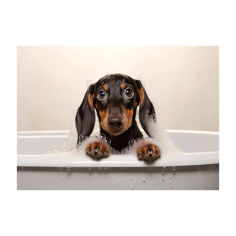 Cute Dog in Bathtub Wall Art Poster – Funny Puppy Canvas Print