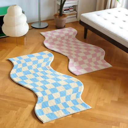 Checkered Wavy Bedroom Rug – Soft Pink Irregular Floor Mat for Girls & Living Room