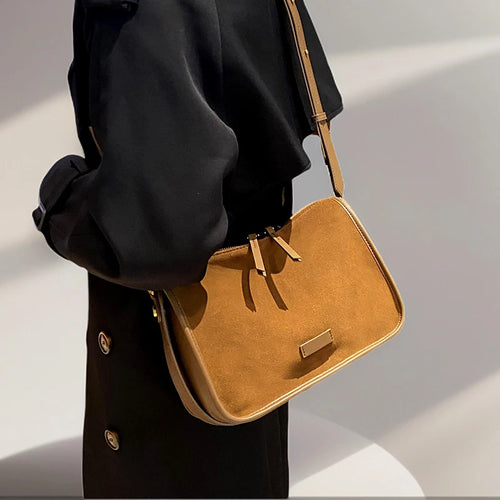 Suede Crossbody Bag for Women – Genuine Leather Retro Shoulder Bag