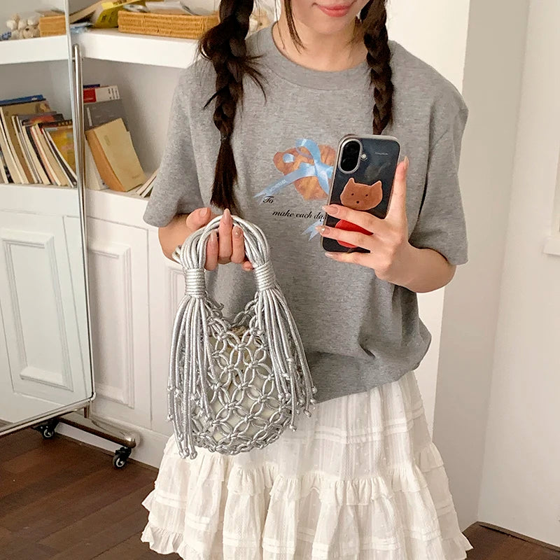 Woven Macrame Bucket Bag – Boho Tassel Handbag for Women