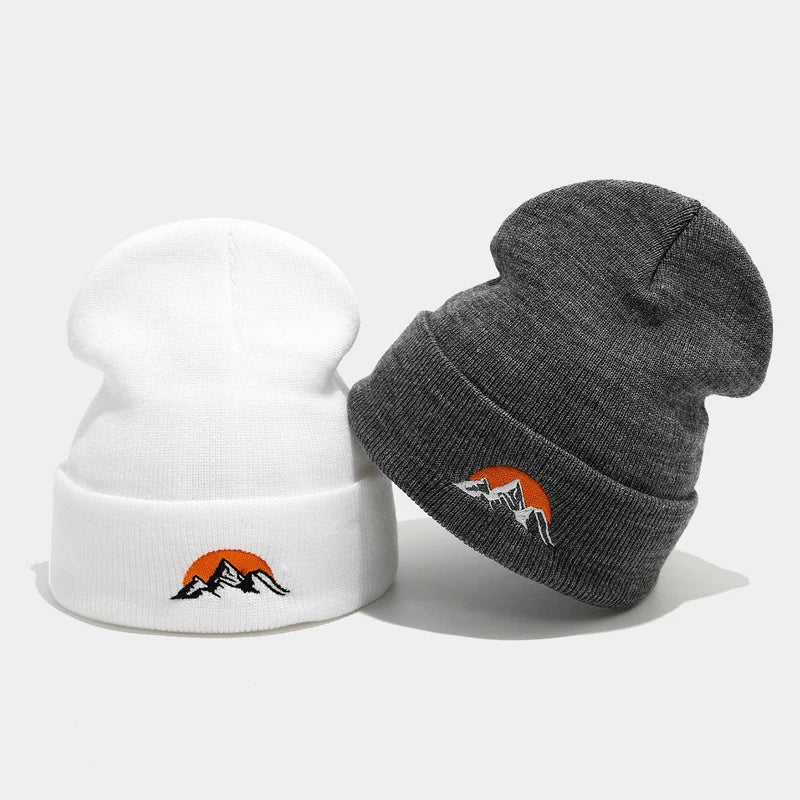 Embroidered Mountain Knit Beanie – Unisex Winter Hat