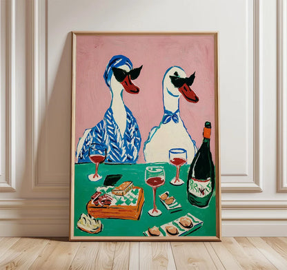 Duck Wine Party Art Print – Quirky Animal Poster for Kitchen & Dining Room
