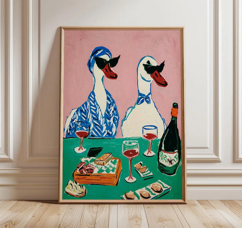 Duck Wine Party Art Print – Quirky Animal Poster for Kitchen & Dining Room