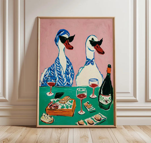 Duck Wine Party Art Print – Quirky Animal Poster for Kitchen & Dining Room