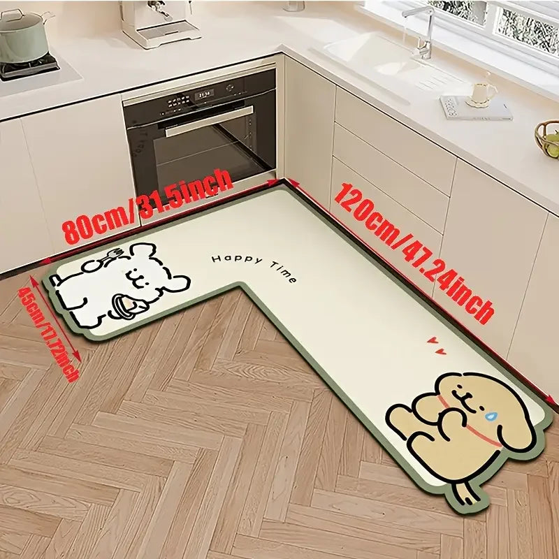 Cartoon L-Shaped Kitchen Floor Mat – Non-Slip Water Absorbent Rug