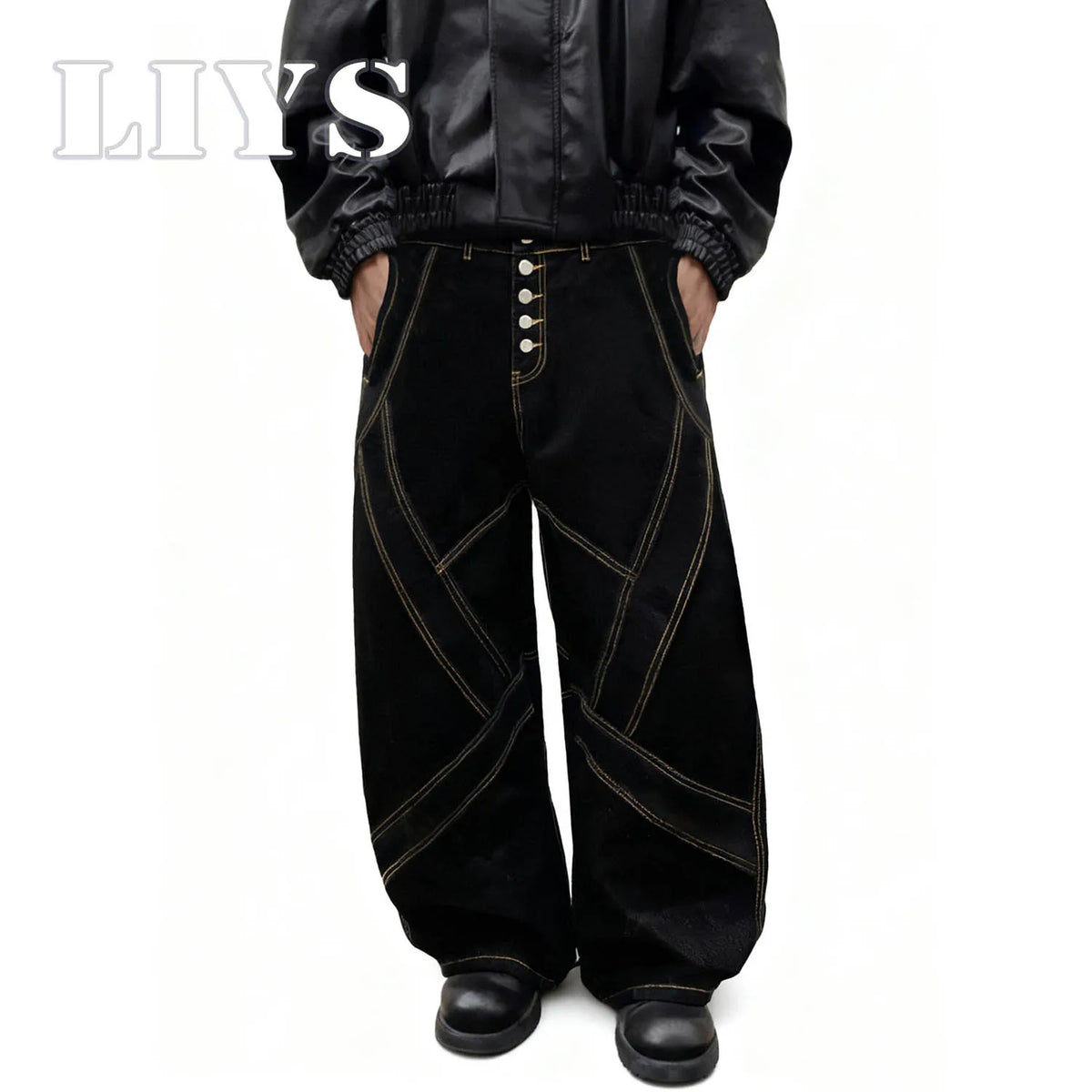 Gold Geometric Stitch Baggy Wide Leg Black Jeans – Unisex Streetwear Denim